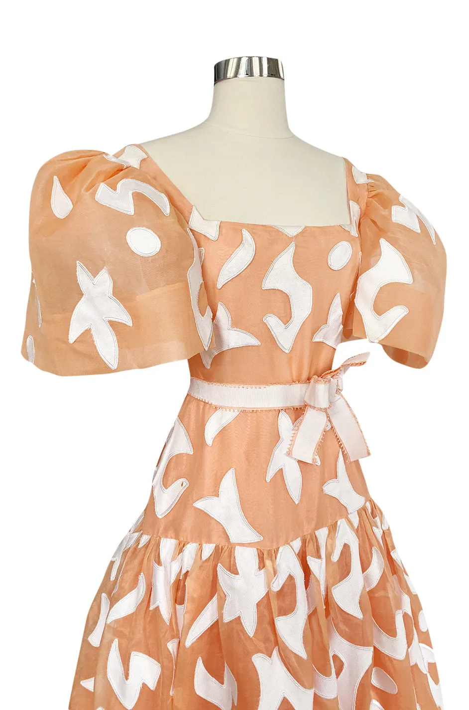 1960s Arnold Scaasi Couture Peach Silk Organza Dress w Incredible Sleeves