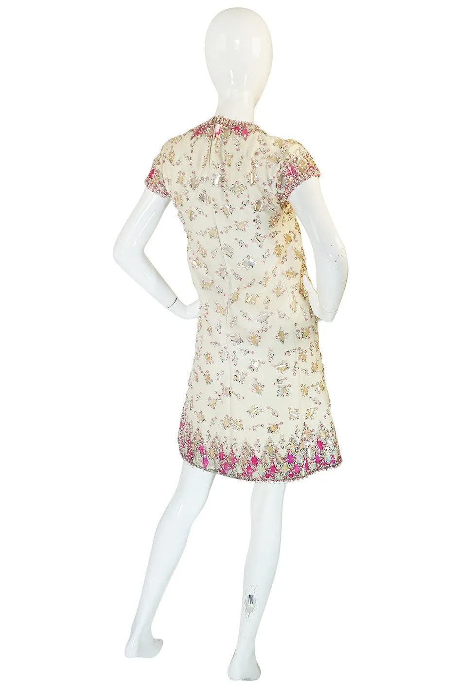 1960s Cream with Pink Beaded Sequin Malcolm Starr Dress
