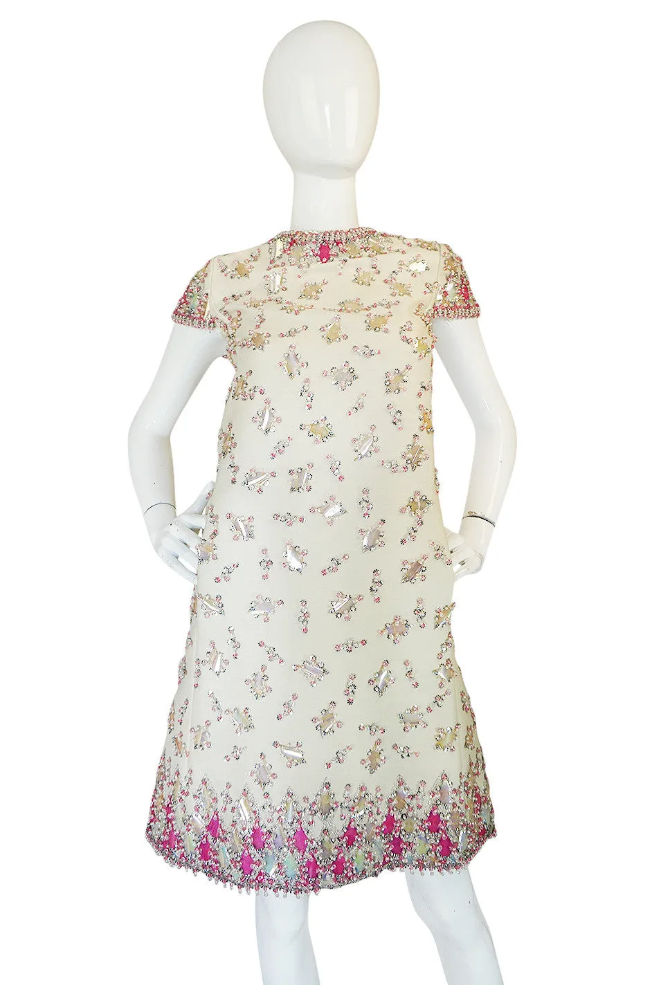 1960s Cream with Pink Beaded Sequin Malcolm Starr Dress