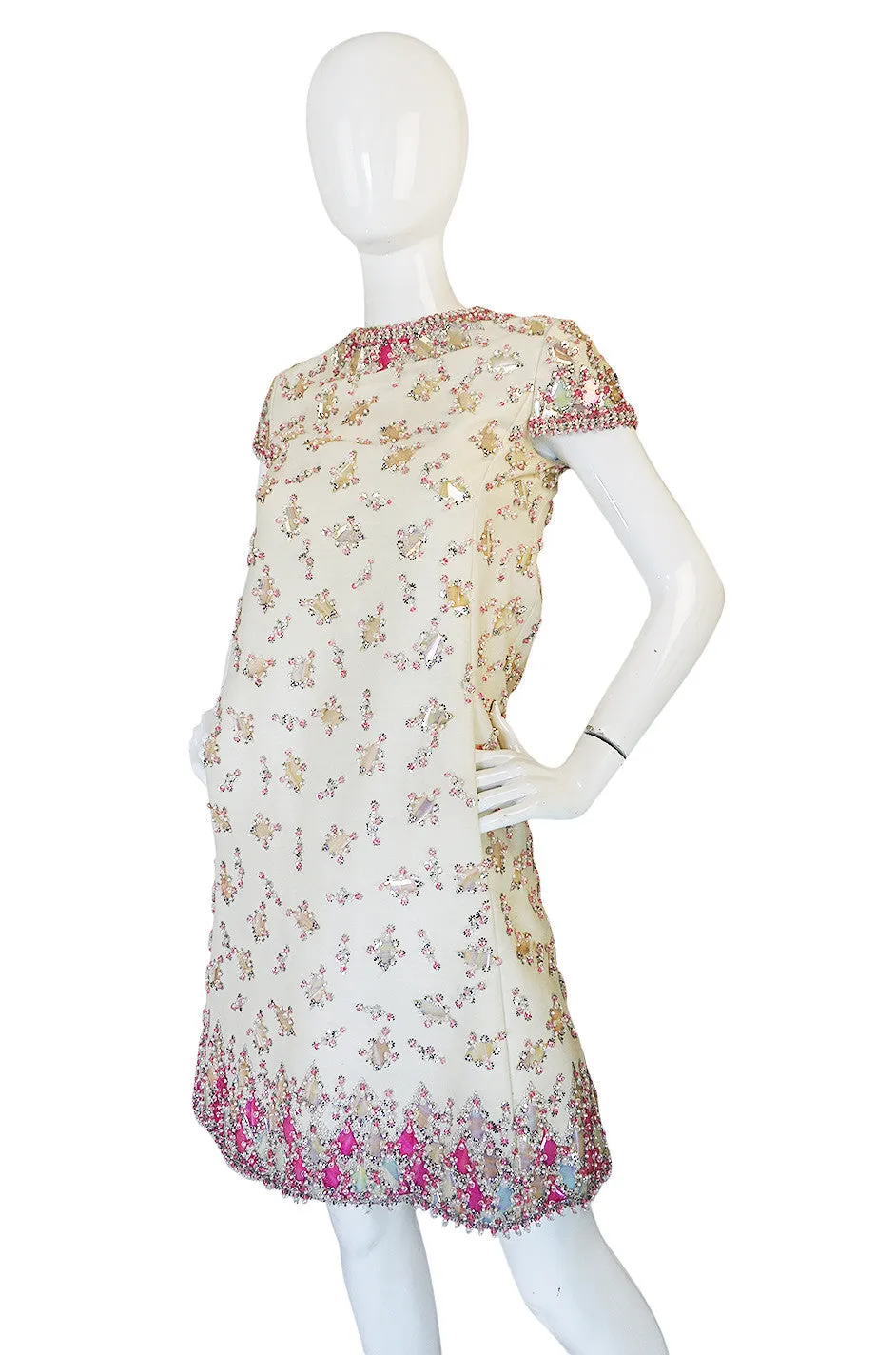 1960s Cream with Pink Beaded Sequin Malcolm Starr Dress