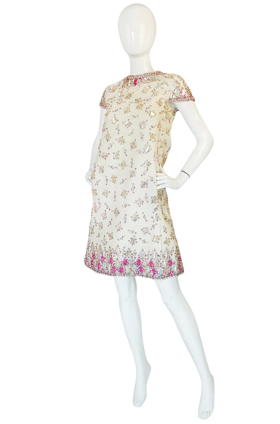 1960s Cream with Pink Beaded Sequin Malcolm Starr Dress