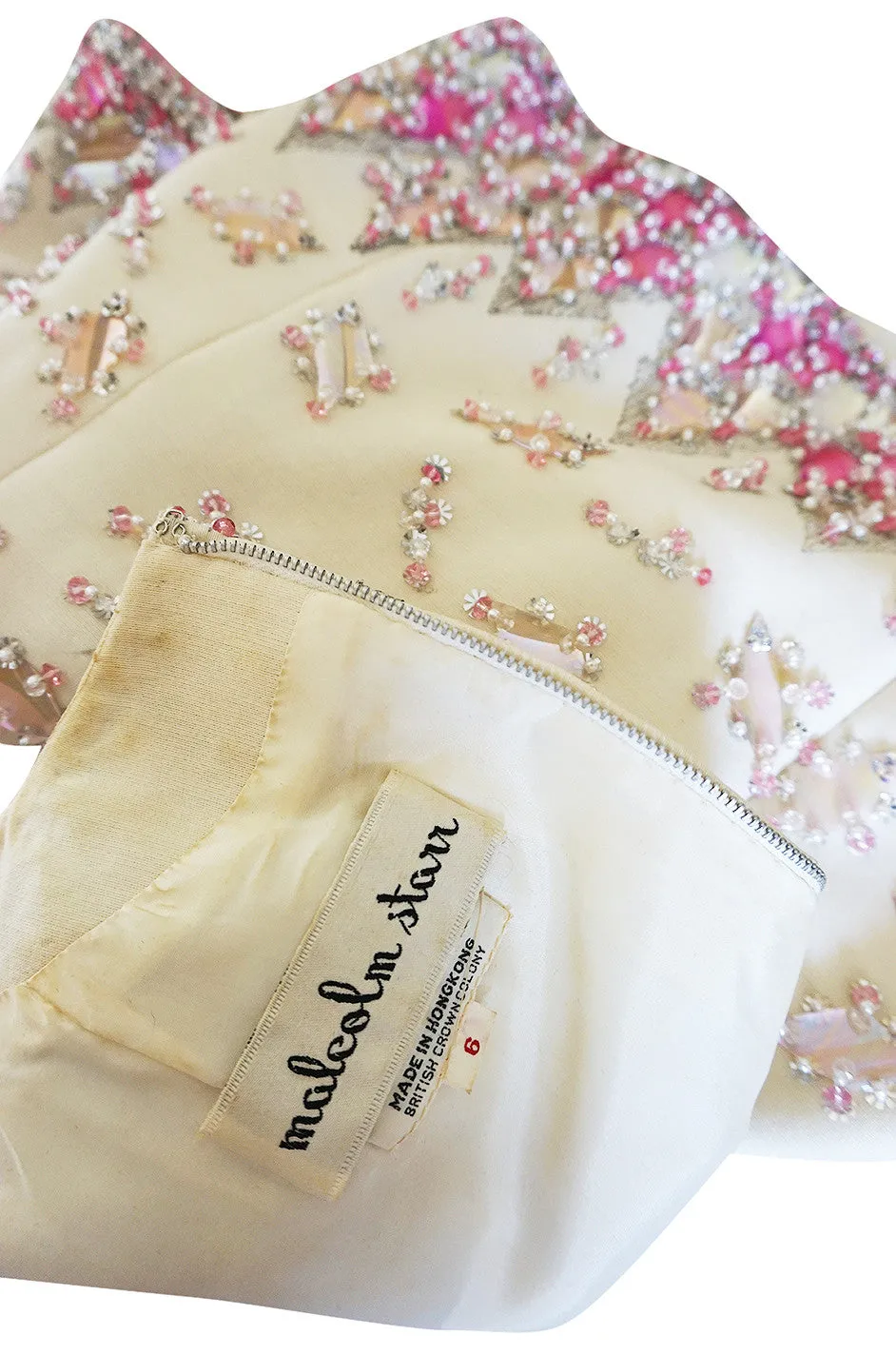 1960s Cream with Pink Beaded Sequin Malcolm Starr Dress