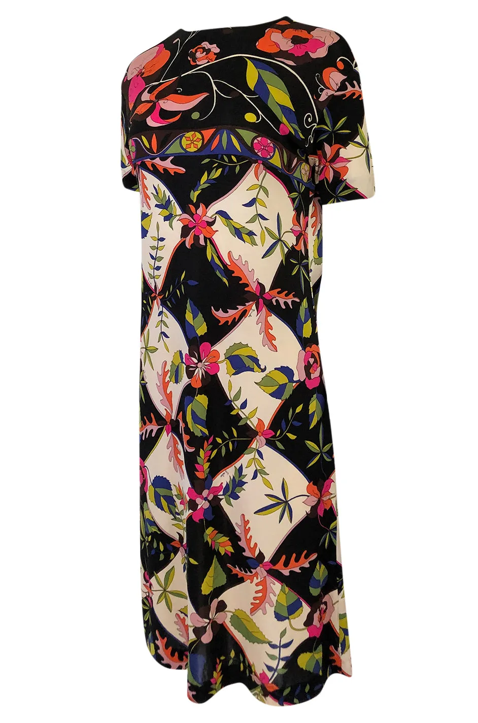 1960s Emilio Pucci Unusual Bright Floral & Black Print Silk Jersey Dress