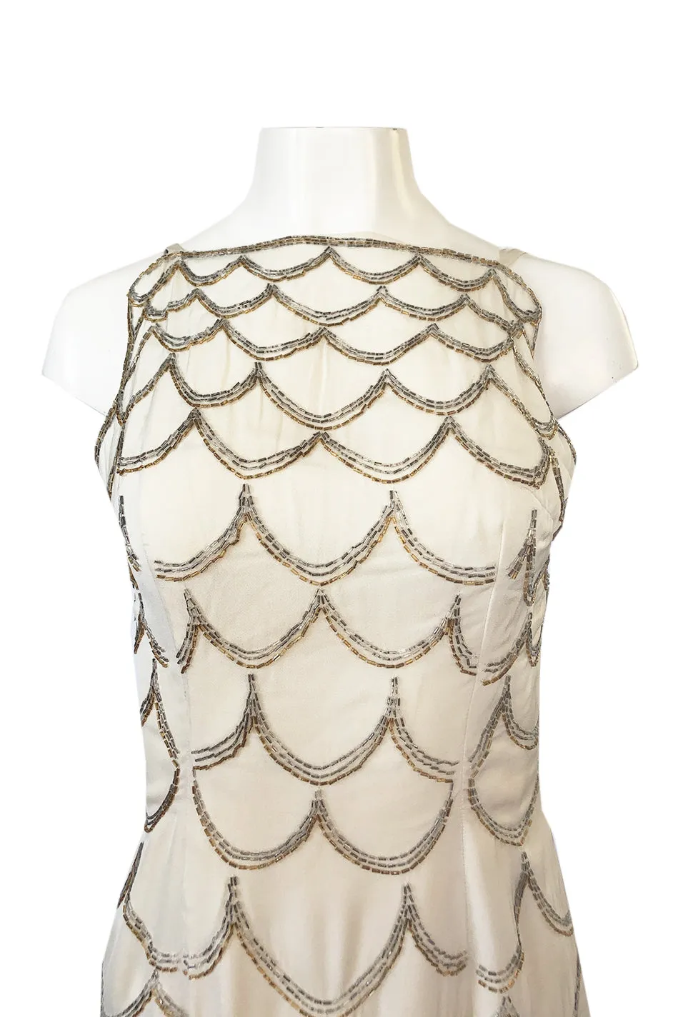 1960s Mr. Blackwell Gold & Silver Beaded Loop Design Ivory Silk Dress