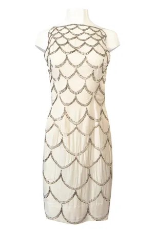 1960s Mr. Blackwell Gold & Silver Beaded Loop Design Ivory Silk Dress