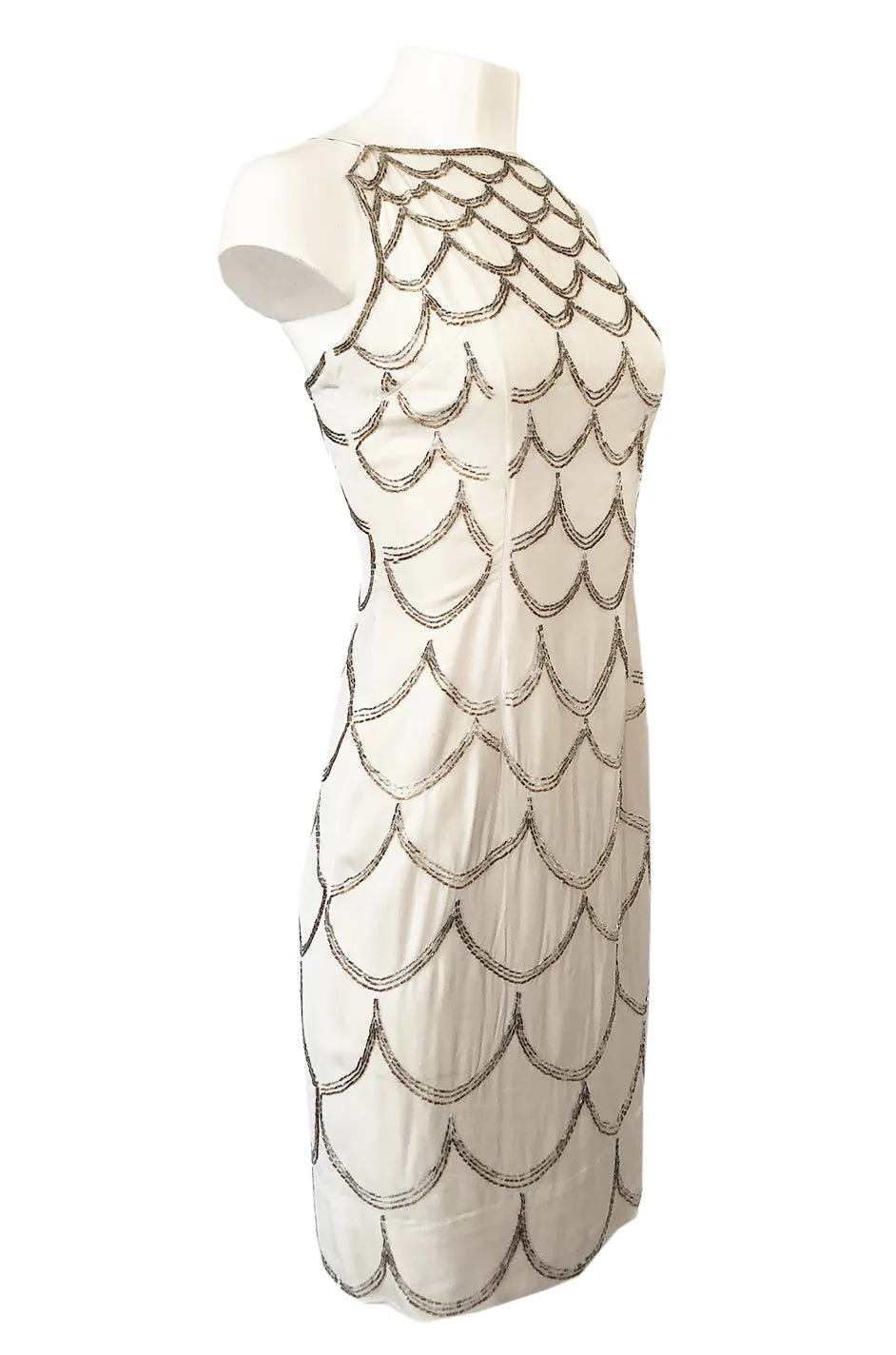 1960s Mr. Blackwell Gold & Silver Beaded Loop Design Ivory Silk Dress