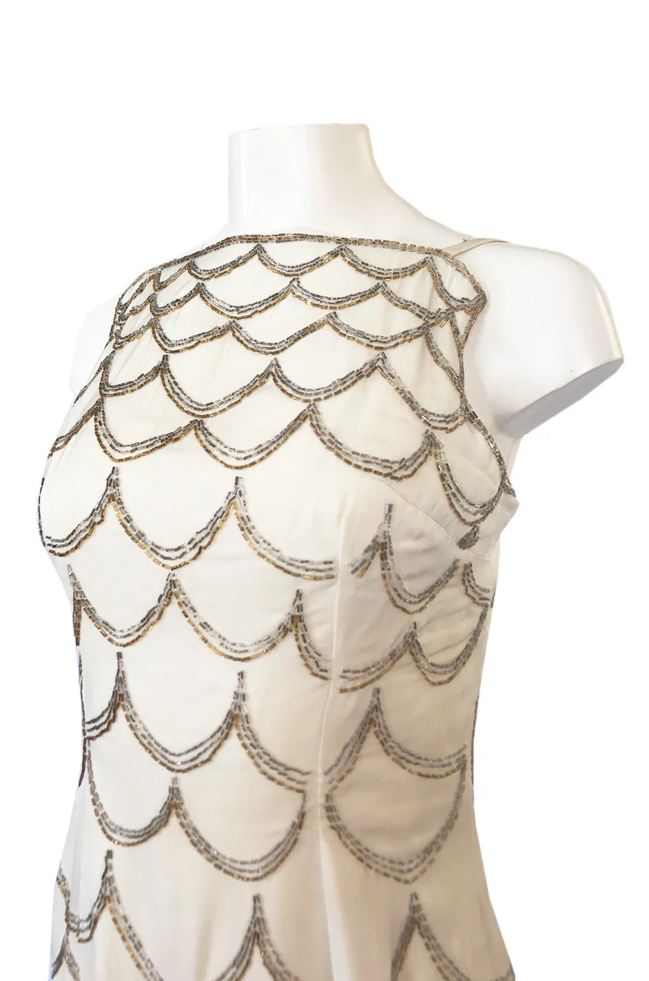 1960s Mr. Blackwell Gold & Silver Beaded Loop Design Ivory Silk Dress
