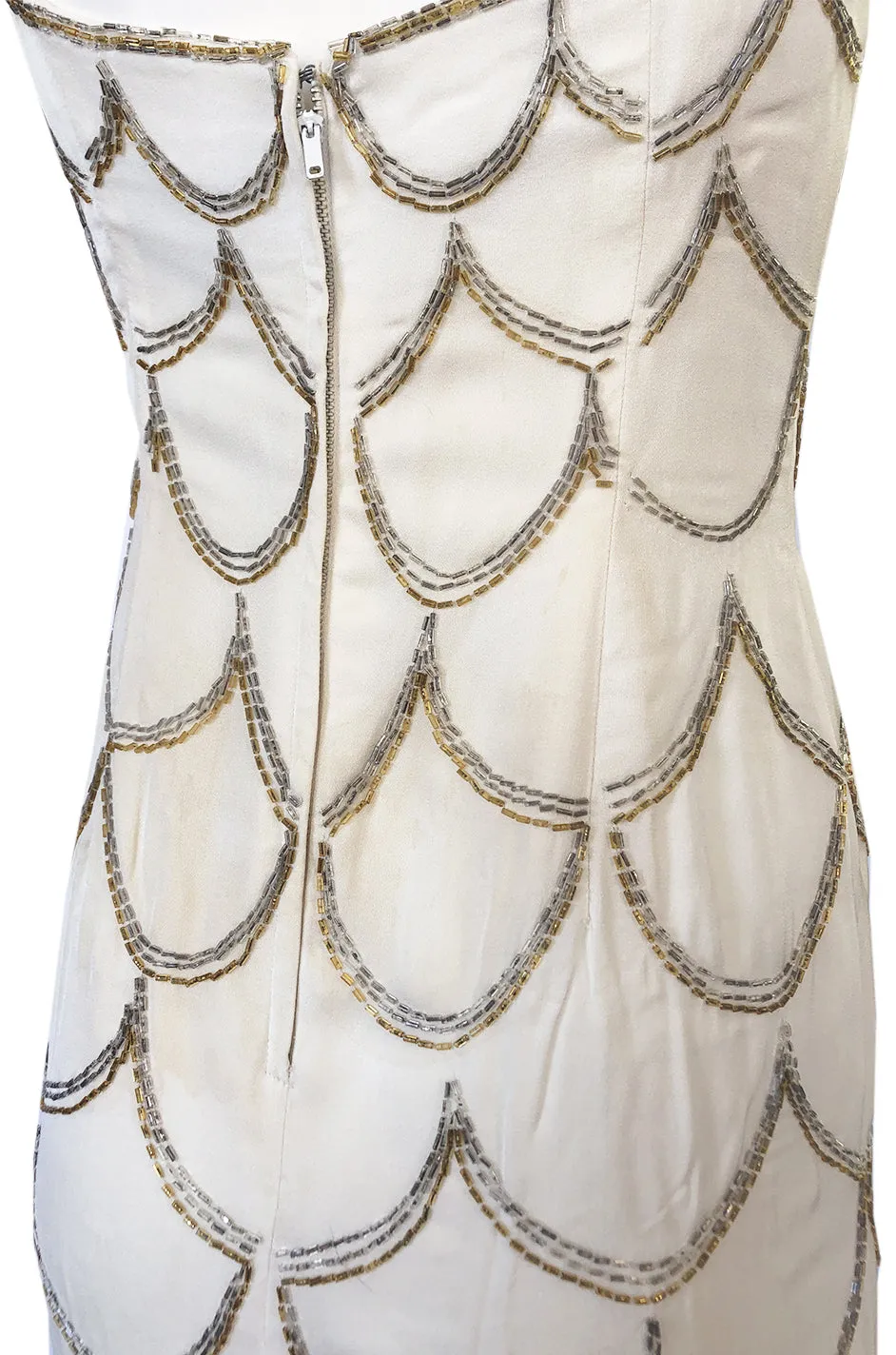 1960s Mr. Blackwell Gold & Silver Beaded Loop Design Ivory Silk Dress