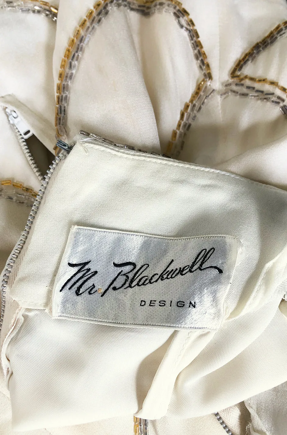 1960s Mr. Blackwell Gold & Silver Beaded Loop Design Ivory Silk Dress