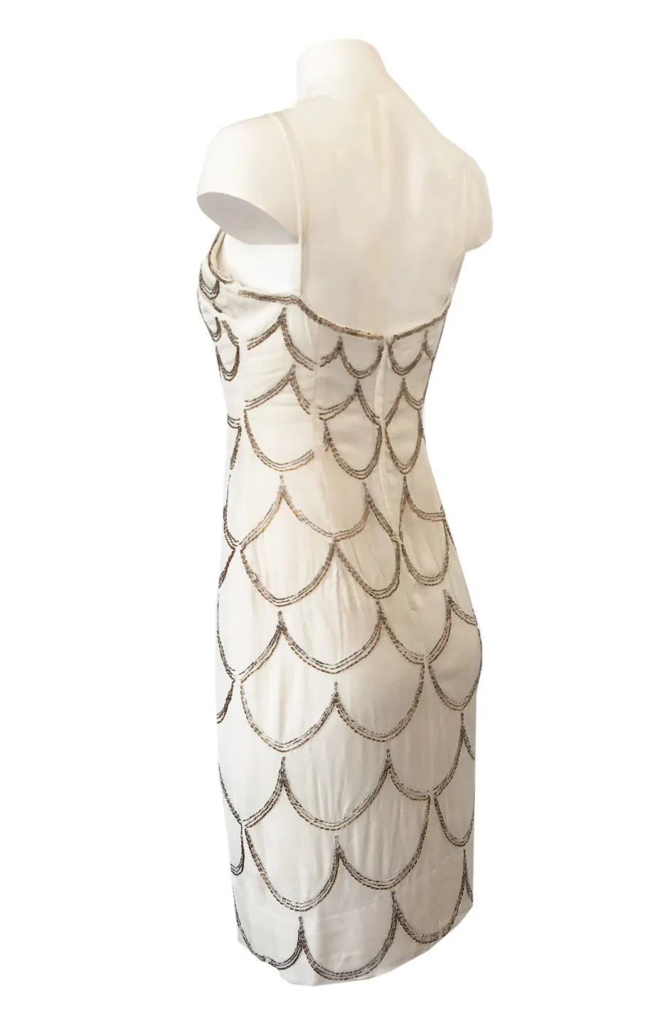 1960s Mr. Blackwell Gold & Silver Beaded Loop Design Ivory Silk Dress