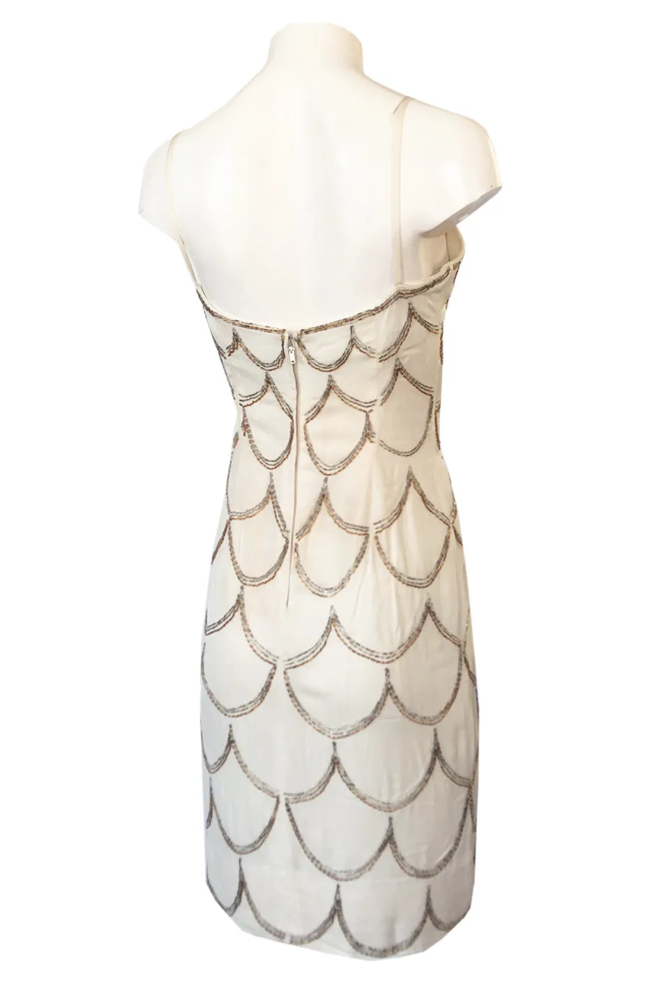 1960s Mr. Blackwell Gold & Silver Beaded Loop Design Ivory Silk Dress