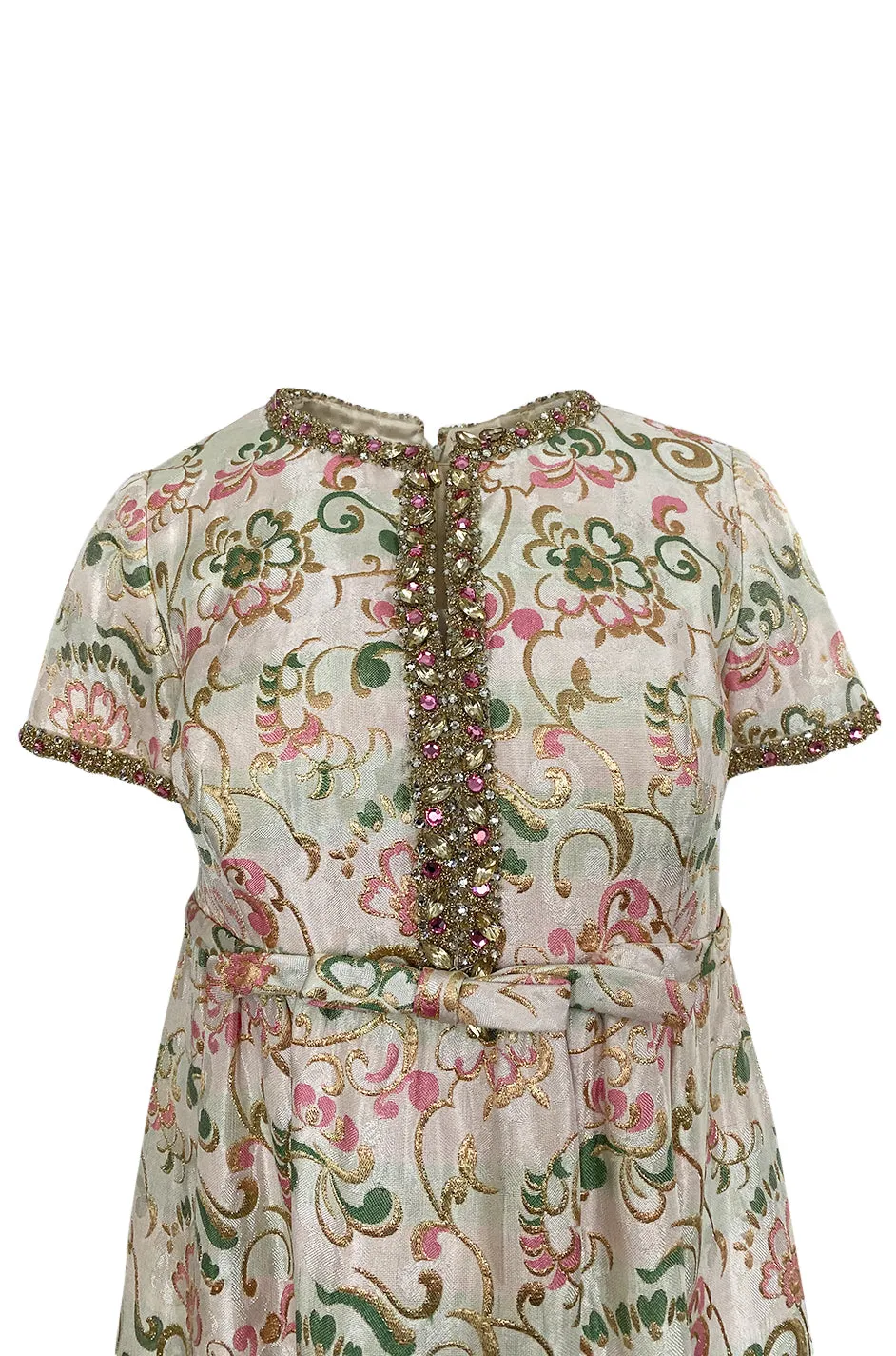 1960s Nat Kaplan Silk Brocade Midi Dress w Elaborate Crystal Detailing