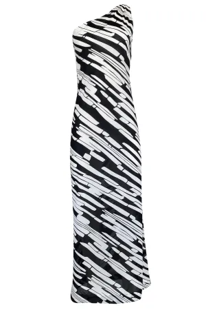 1970s Donald Brooks for Sinclair One Shoulder Black & White Nylon Dress