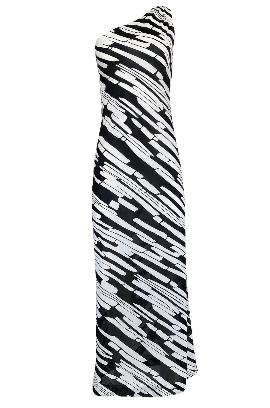 1970s Donald Brooks for Sinclair One Shoulder Black & White Nylon Dress