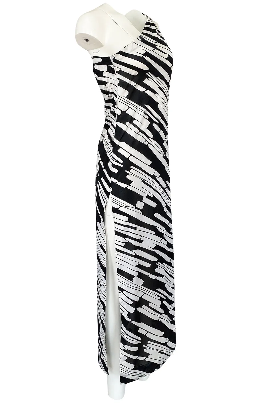 1970s Donald Brooks for Sinclair One Shoulder Black & White Nylon Dress