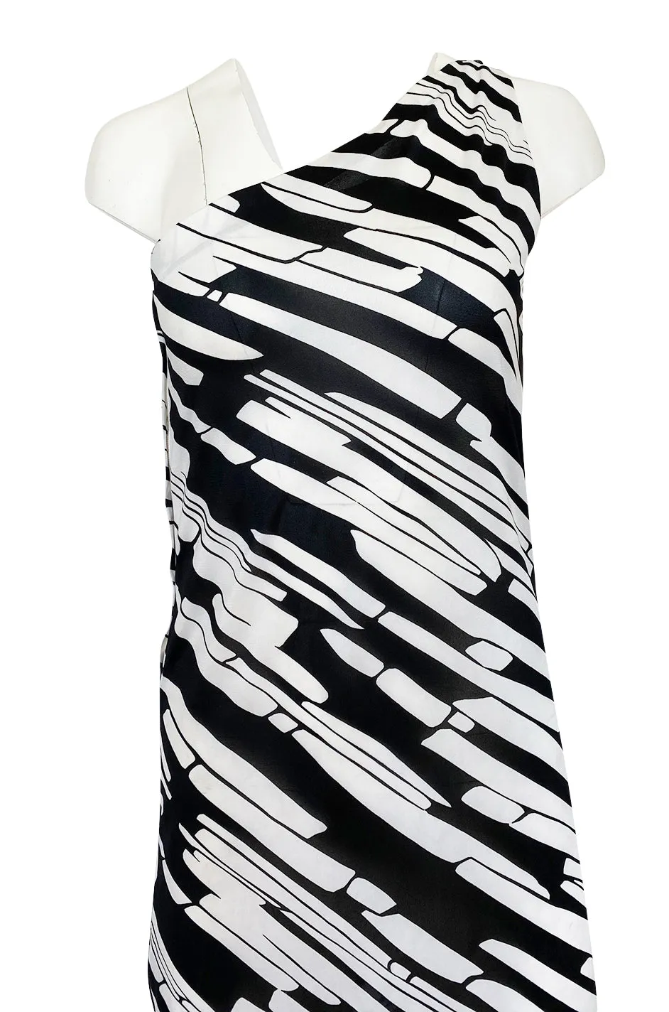 1970s Donald Brooks for Sinclair One Shoulder Black & White Nylon Dress