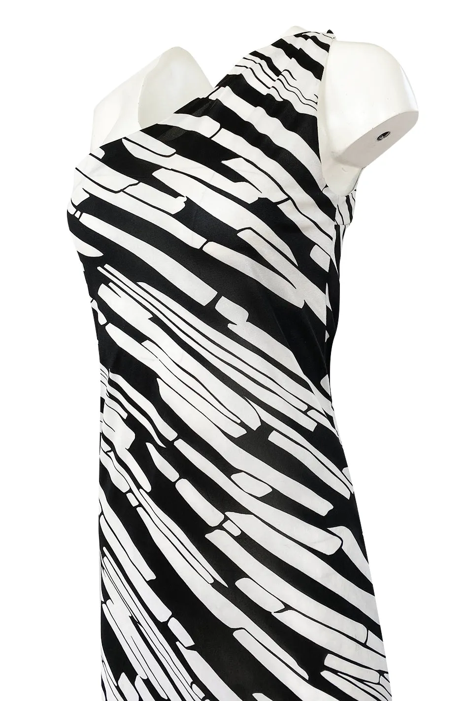 1970s Donald Brooks for Sinclair One Shoulder Black & White Nylon Dress