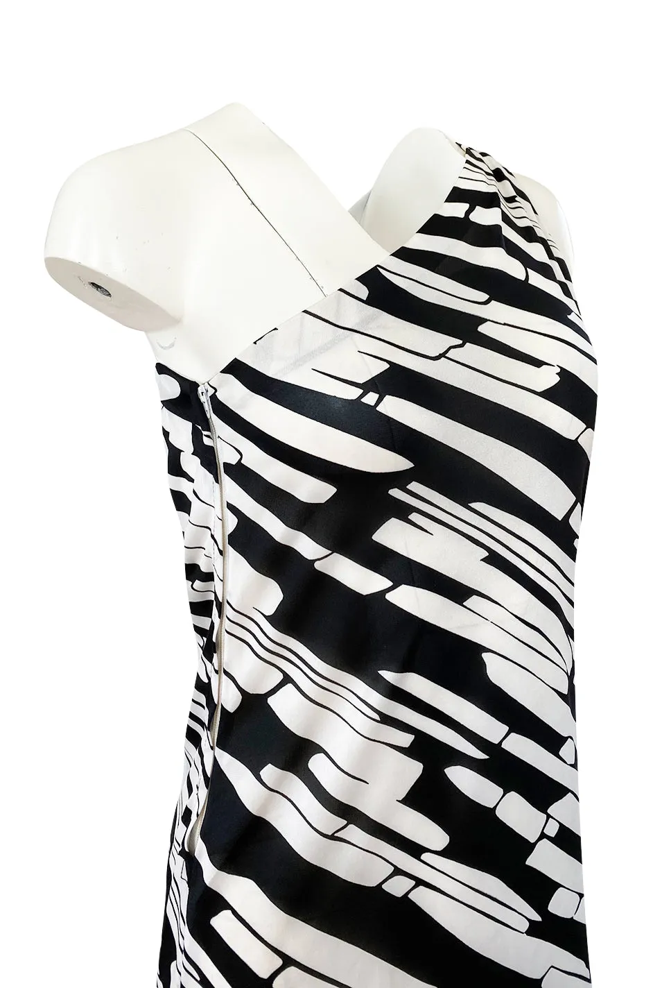 1970s Donald Brooks for Sinclair One Shoulder Black & White Nylon Dress