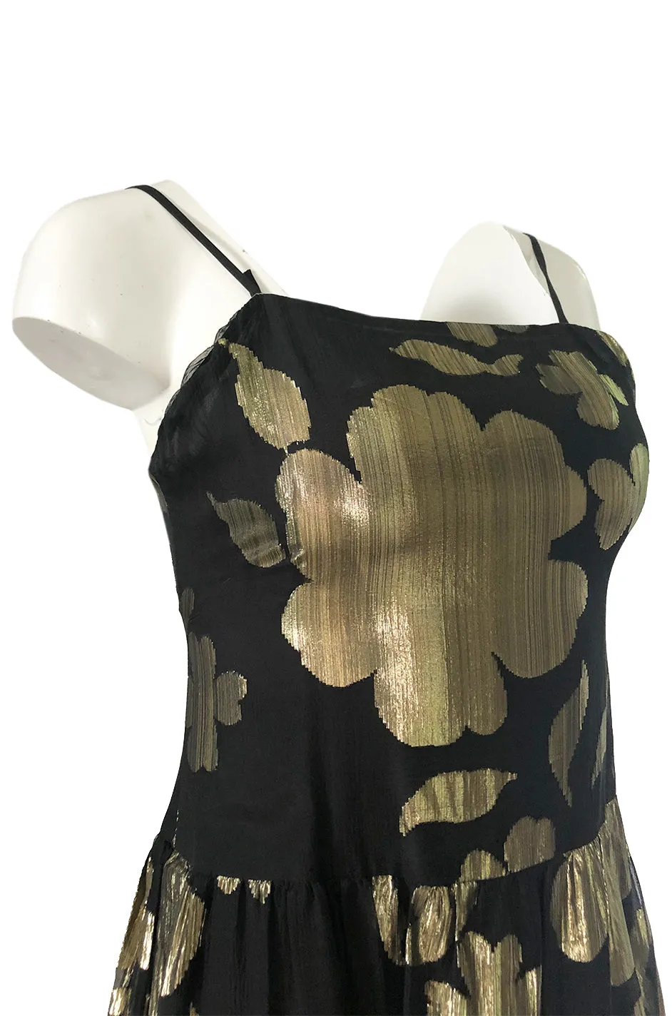 1970s Hanae Mori Gold Metallic Lame Floral Printed Black Silk Chiffon Dress