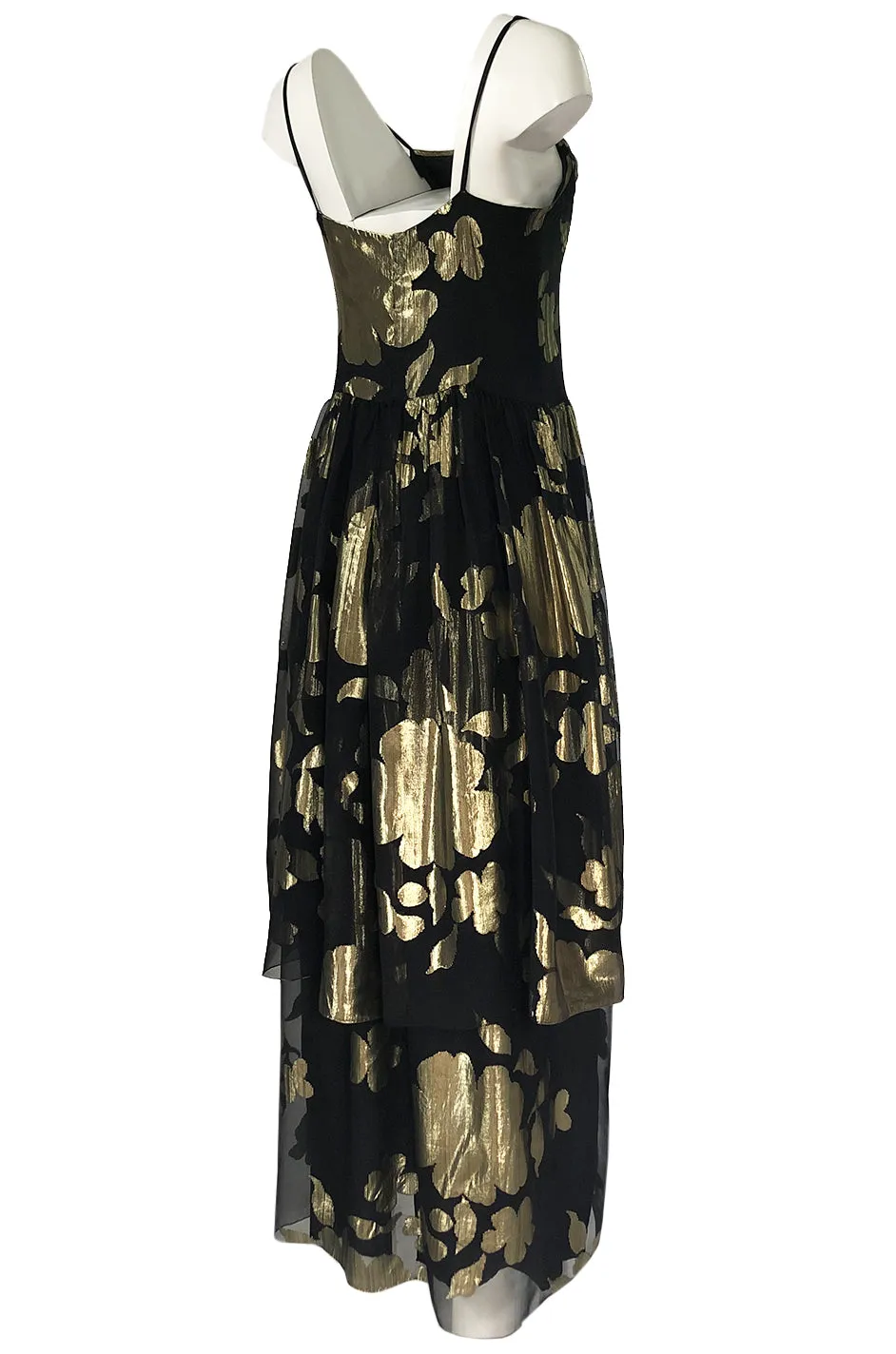 1970s Hanae Mori Gold Metallic Lame Floral Printed Black Silk Chiffon Dress