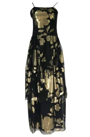 1970s Hanae Mori Gold Metallic Lame Floral Printed Black Silk Chiffon Dress