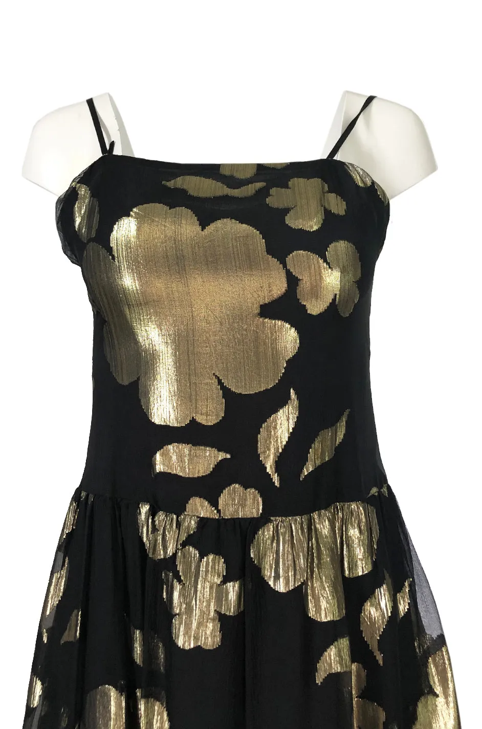 1970s Hanae Mori Gold Metallic Lame Floral Printed Black Silk Chiffon Dress
