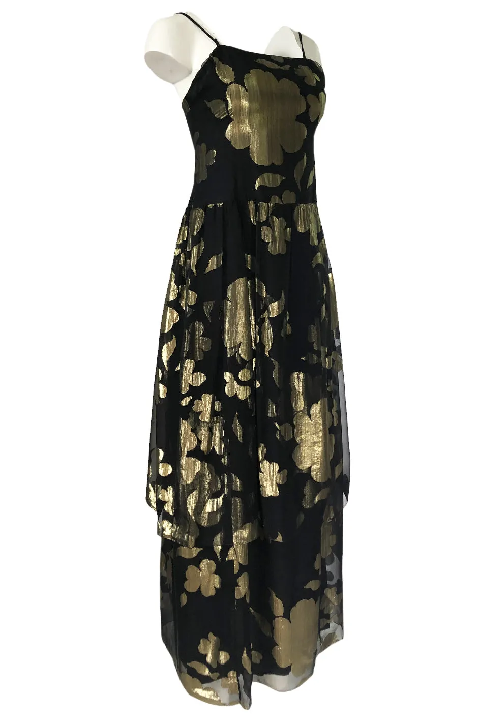 1970s Hanae Mori Gold Metallic Lame Floral Printed Black Silk Chiffon Dress