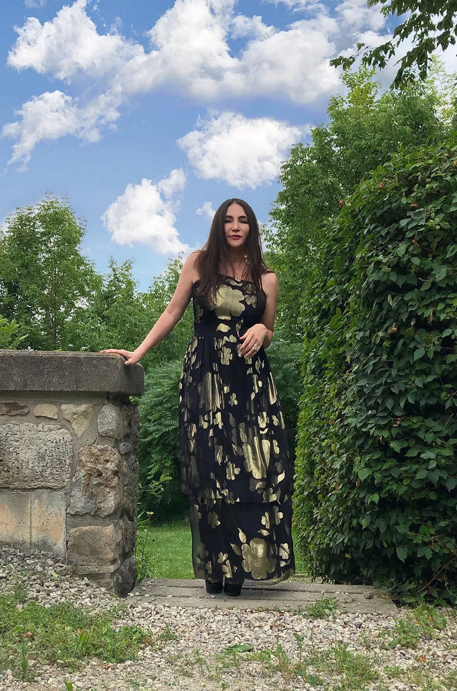 1970s Hanae Mori Gold Metallic Lame Floral Printed Black Silk Chiffon Dress