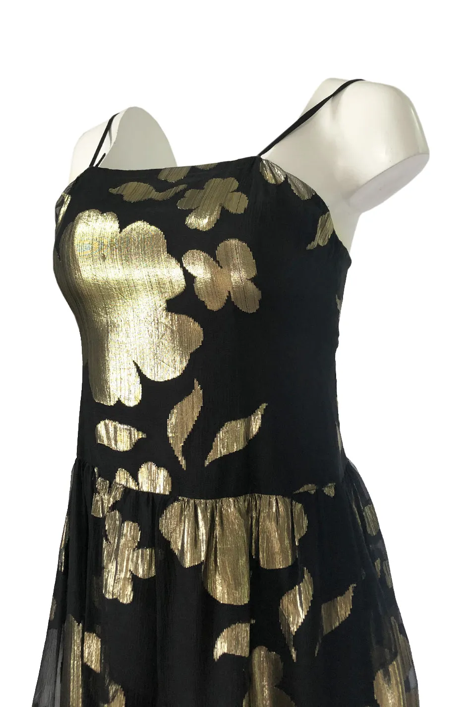 1970s Hanae Mori Gold Metallic Lame Floral Printed Black Silk Chiffon Dress