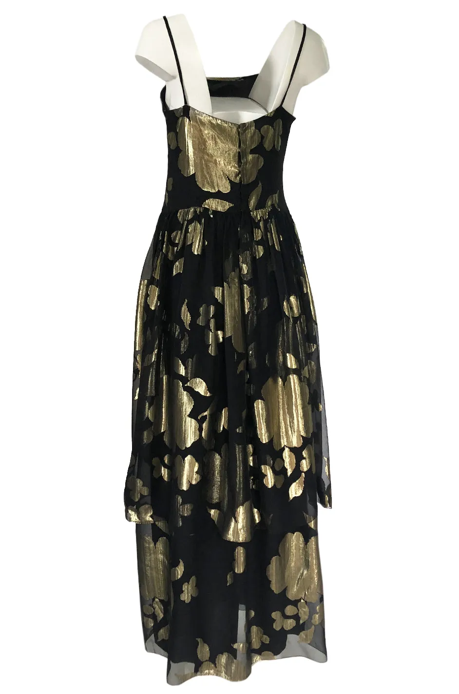 1970s Hanae Mori Gold Metallic Lame Floral Printed Black Silk Chiffon Dress
