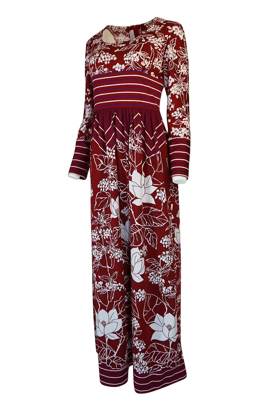 1970s Lanvin Deep Red & White Jersey Floral & Stripe Print Dress