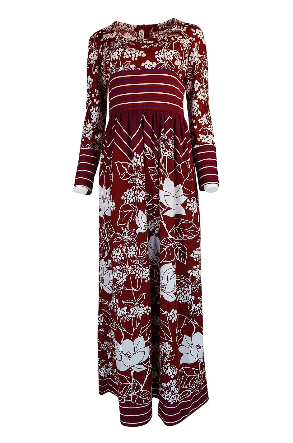 1970s Lanvin Deep Red & White Jersey Floral & Stripe Print Dress