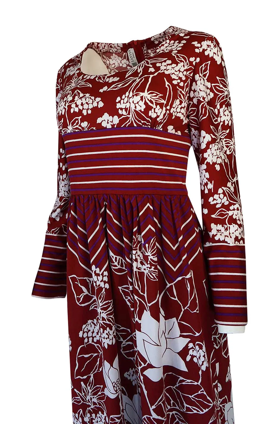 1970s Lanvin Deep Red & White Jersey Floral & Stripe Print Dress
