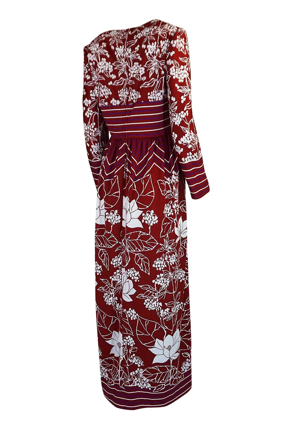 1970s Lanvin Deep Red & White Jersey Floral & Stripe Print Dress