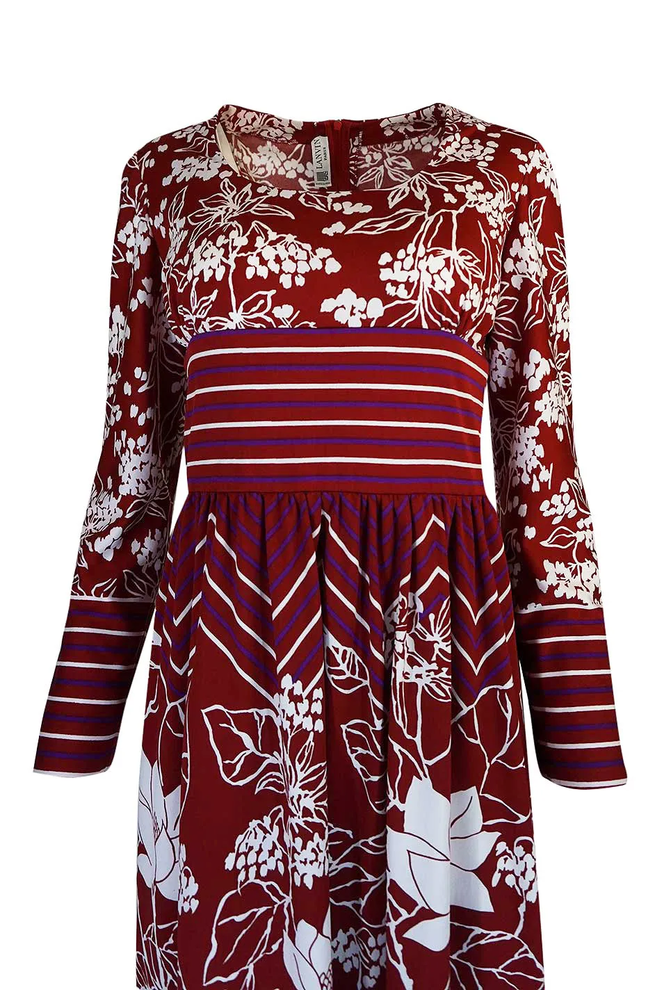 1970s Lanvin Deep Red & White Jersey Floral & Stripe Print Dress