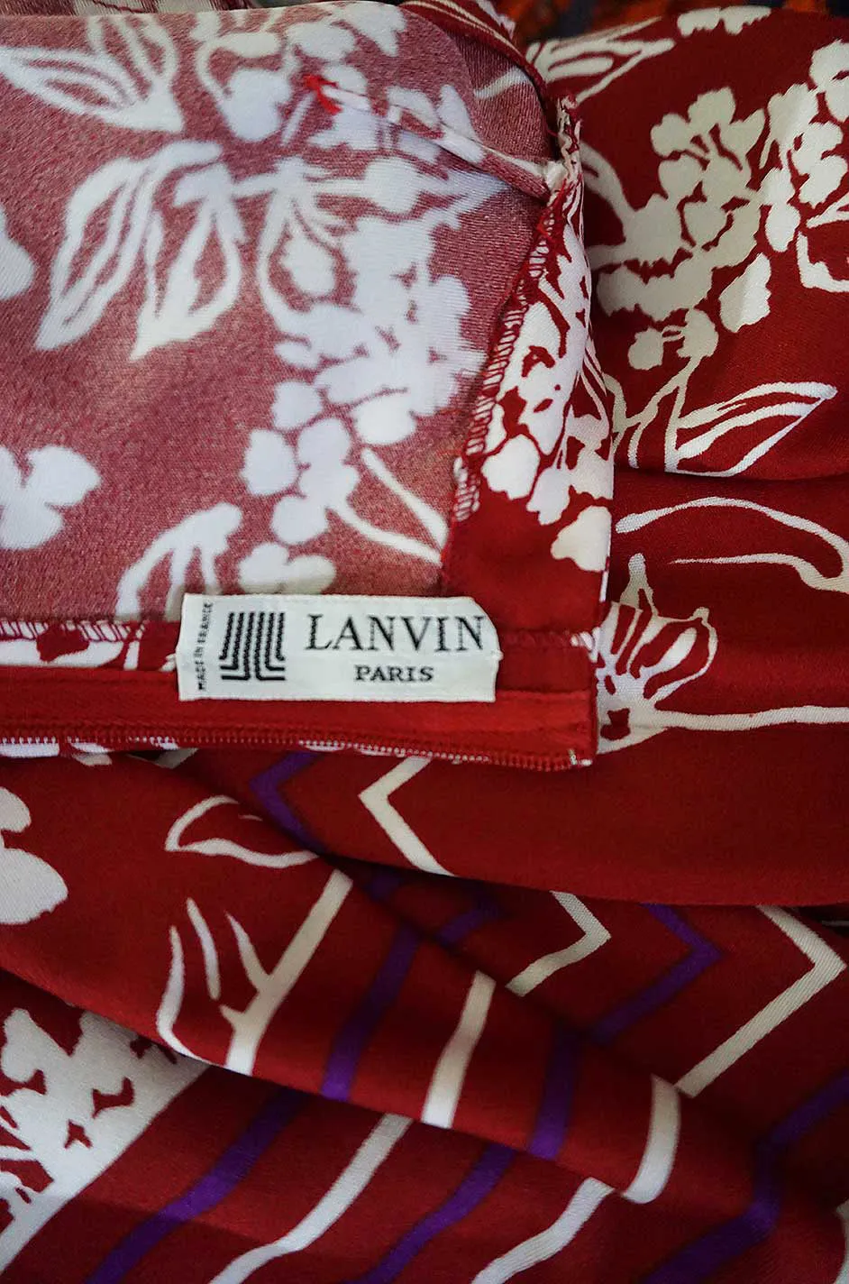 1970s Lanvin Deep Red & White Jersey Floral & Stripe Print Dress