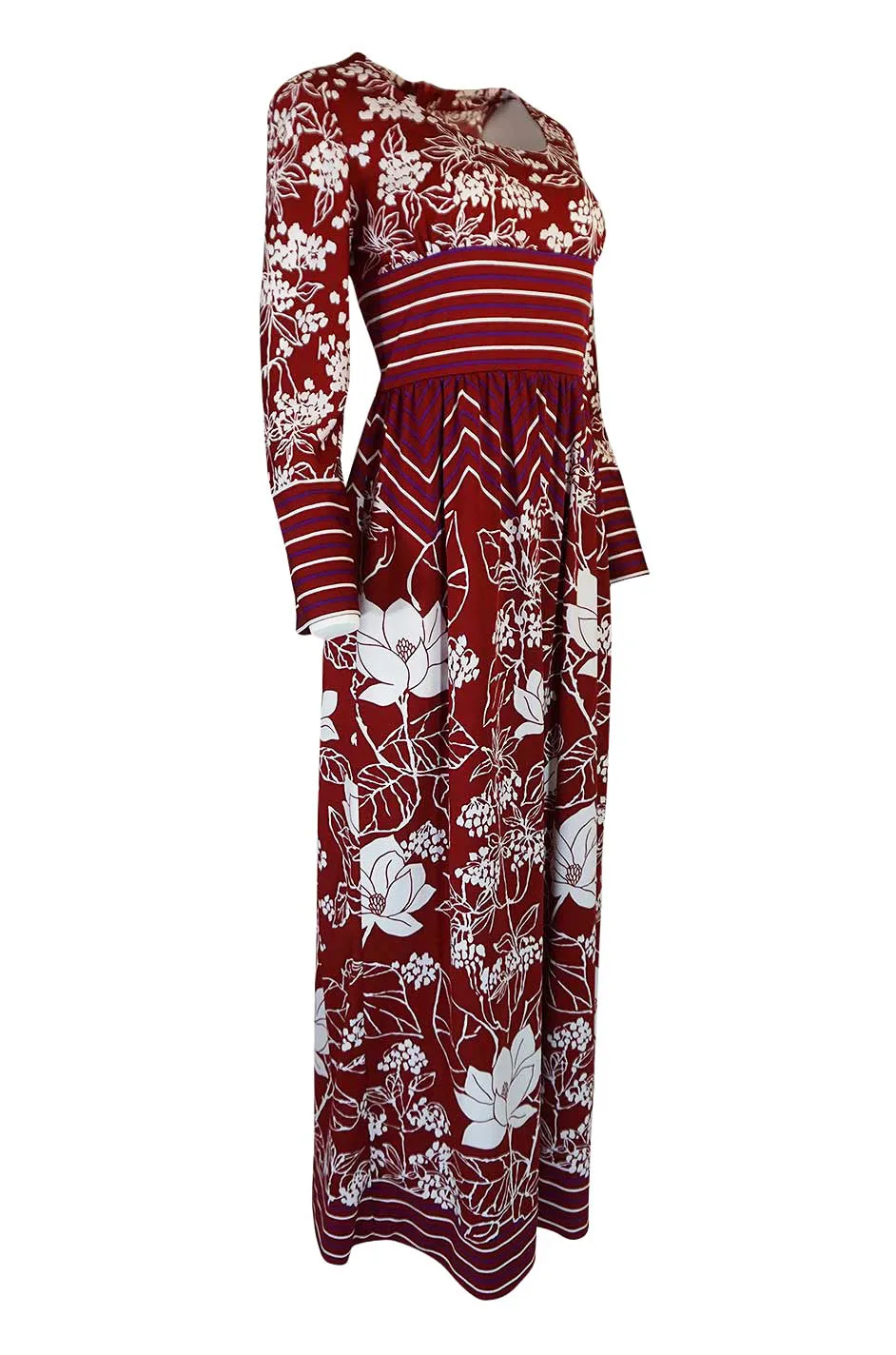 1970s Lanvin Deep Red & White Jersey Floral & Stripe Print Dress