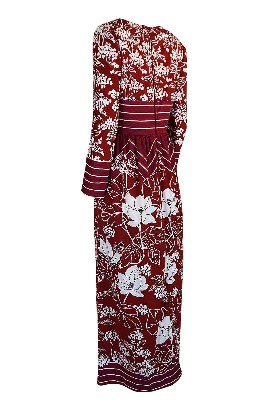 1970s Lanvin Deep Red & White Jersey Floral & Stripe Print Dress