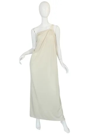1970s Yuki One Shoulder Draped Cream Jersey Dress