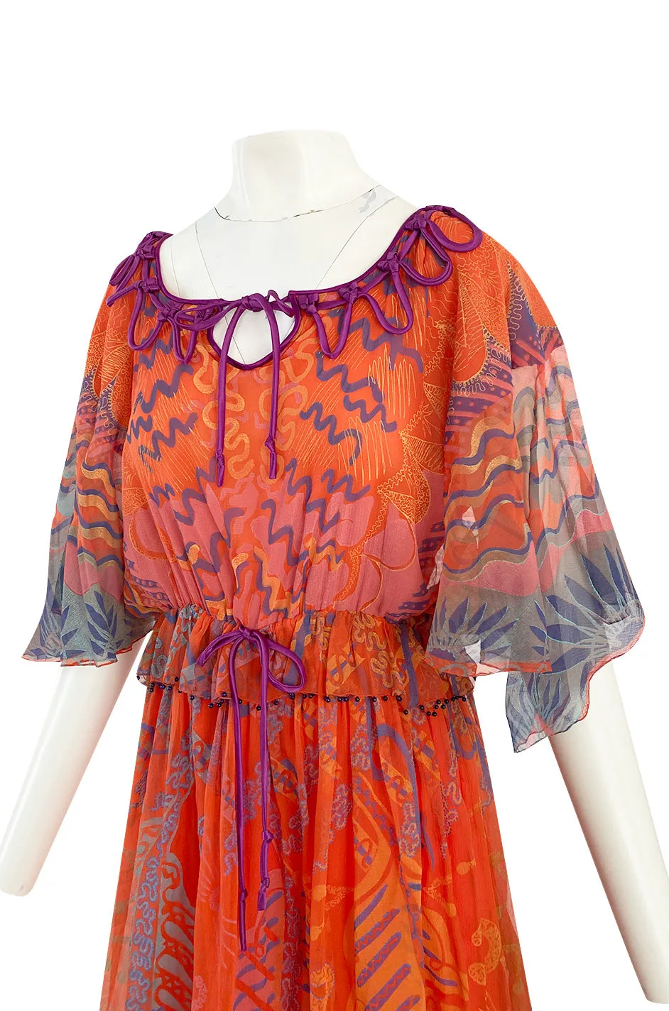 1974 Zandra Rhodes 'Ayers Rock' Australian Collection Hand Painted Coral Silk Chiffon Dress