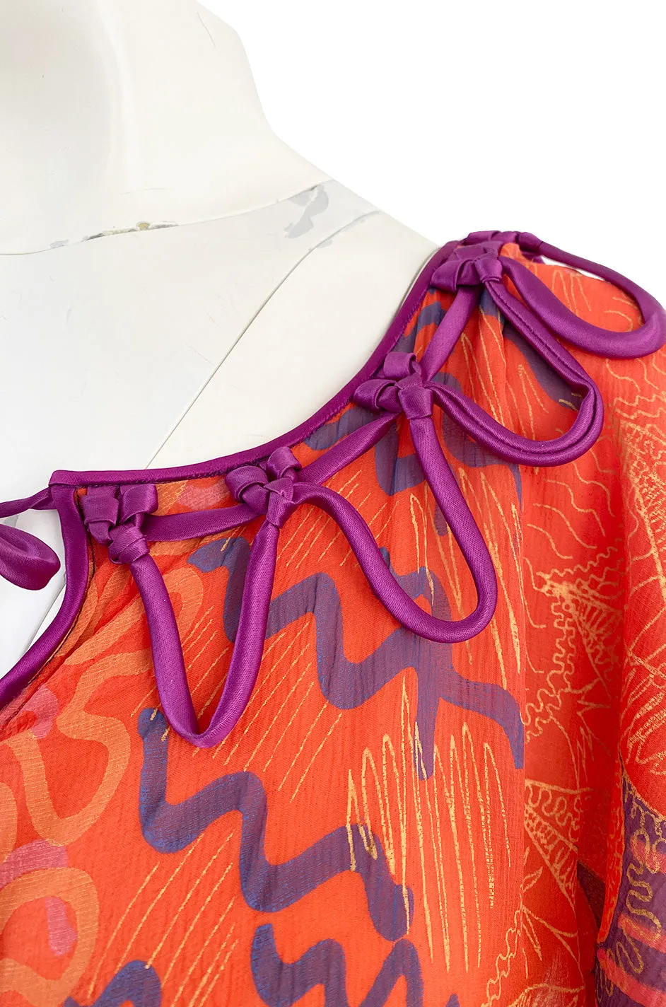 1974 Zandra Rhodes 'Ayers Rock' Australian Collection Hand Painted Coral Silk Chiffon Dress