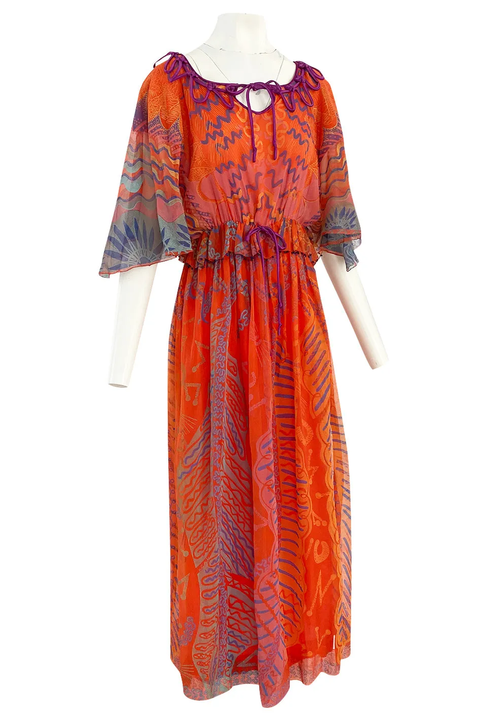 1974 Zandra Rhodes 'Ayers Rock' Australian Collection Hand Painted Coral Silk Chiffon Dress
