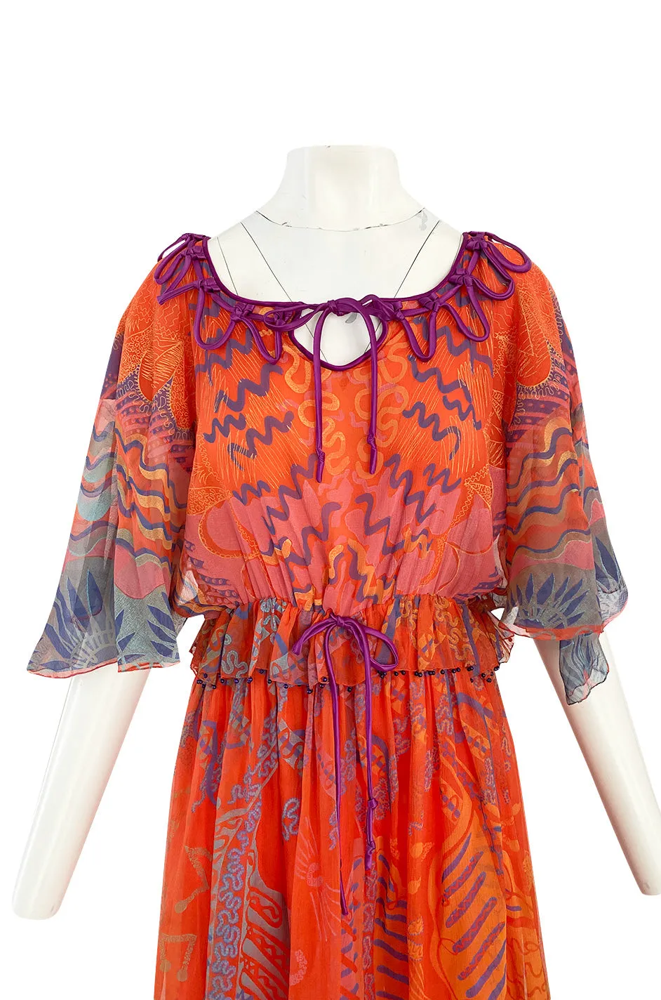 1974 Zandra Rhodes 'Ayers Rock' Australian Collection Hand Painted Coral Silk Chiffon Dress