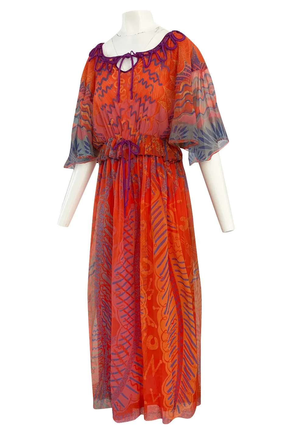 1974 Zandra Rhodes 'Ayers Rock' Australian Collection Hand Painted Coral Silk Chiffon Dress