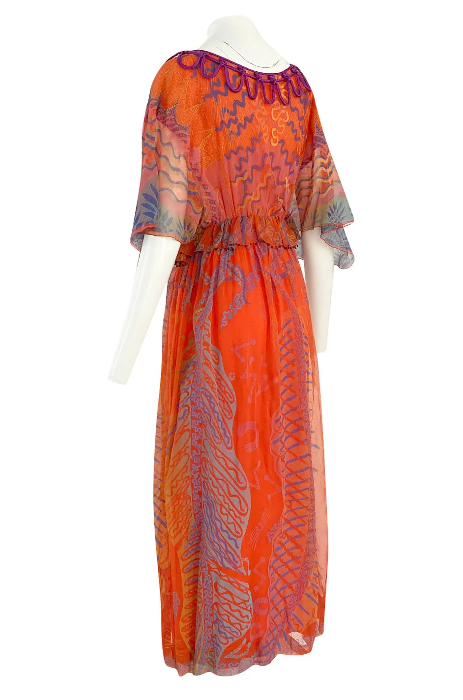 1974 Zandra Rhodes 'Ayers Rock' Australian Collection Hand Painted Coral Silk Chiffon Dress