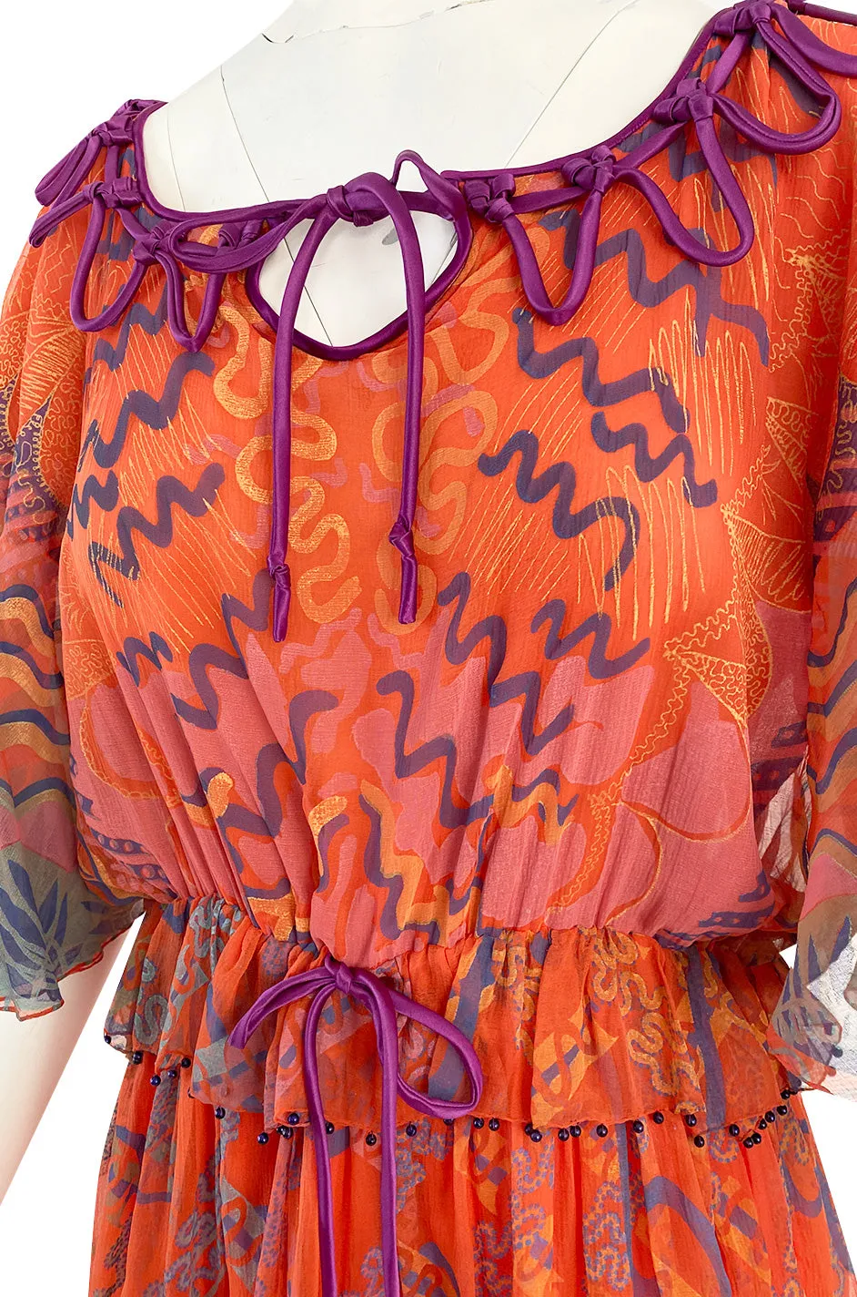 1974 Zandra Rhodes 'Ayers Rock' Australian Collection Hand Painted Coral Silk Chiffon Dress