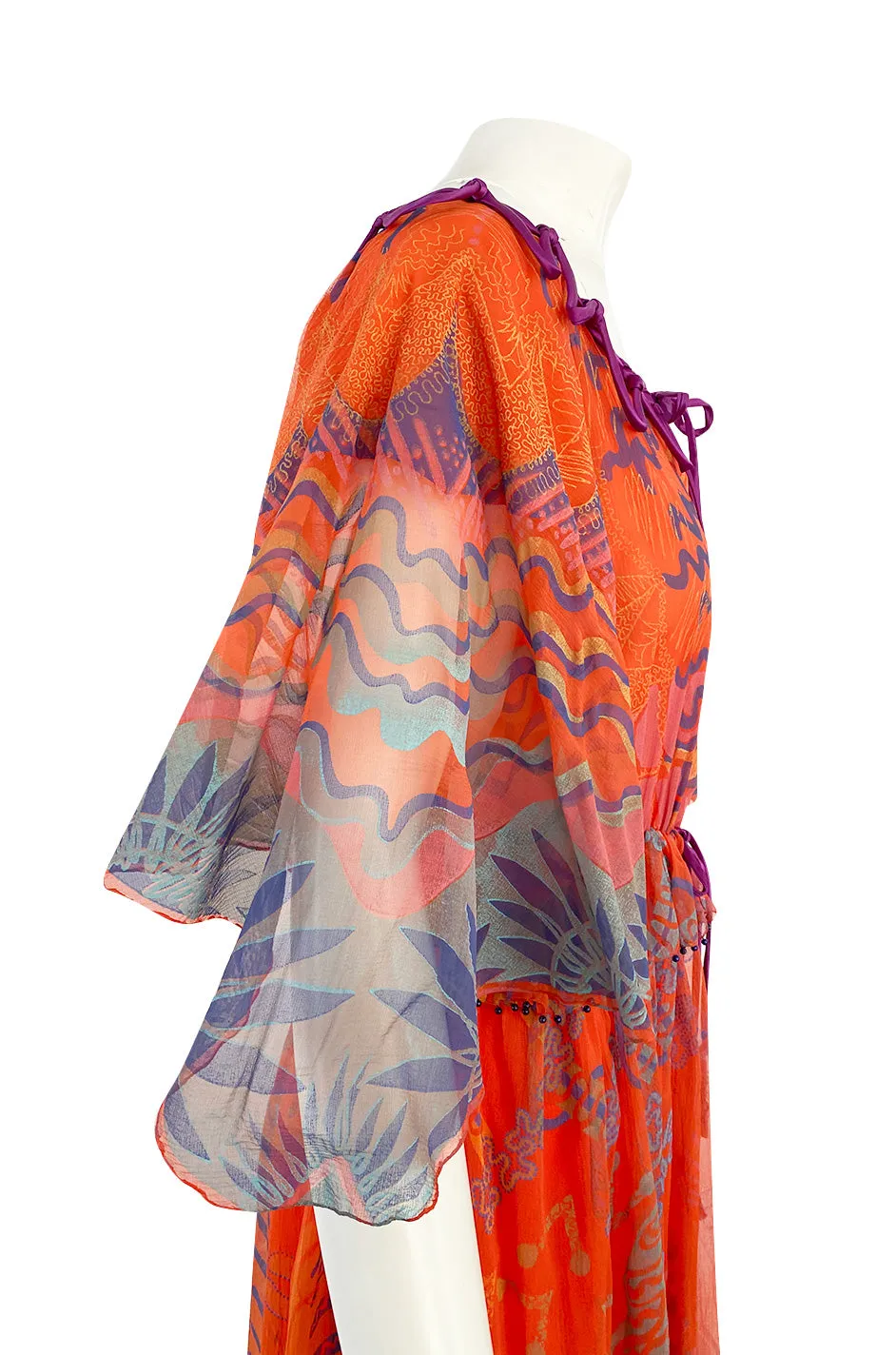 1974 Zandra Rhodes 'Ayers Rock' Australian Collection Hand Painted Coral Silk Chiffon Dress
