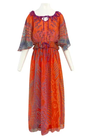 1974 Zandra Rhodes 'Ayers Rock' Australian Collection Hand Painted Coral Silk Chiffon Dress