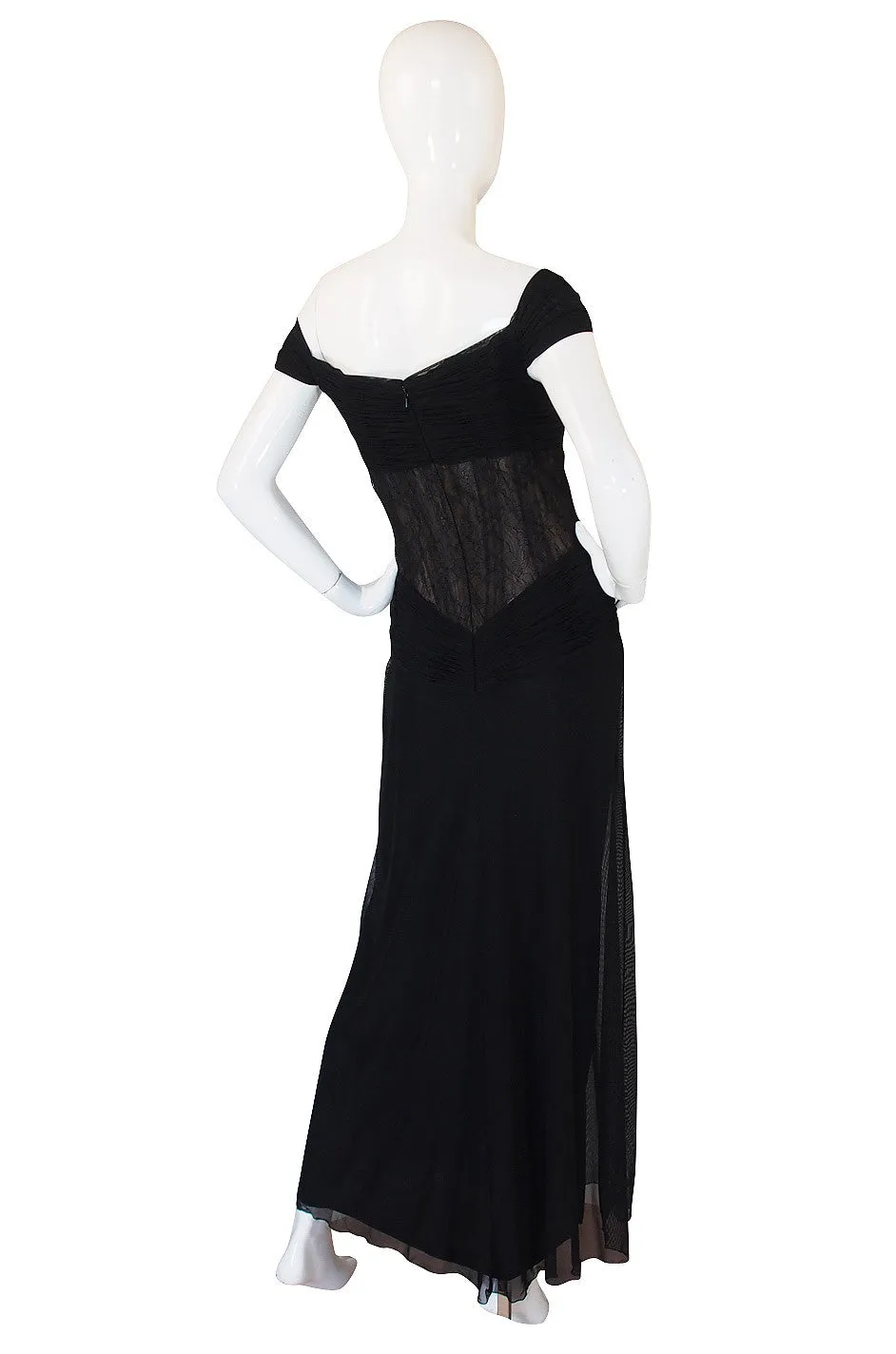 1980s Vicky Tiel Couture Black Silk Net & Lace Corset Gown