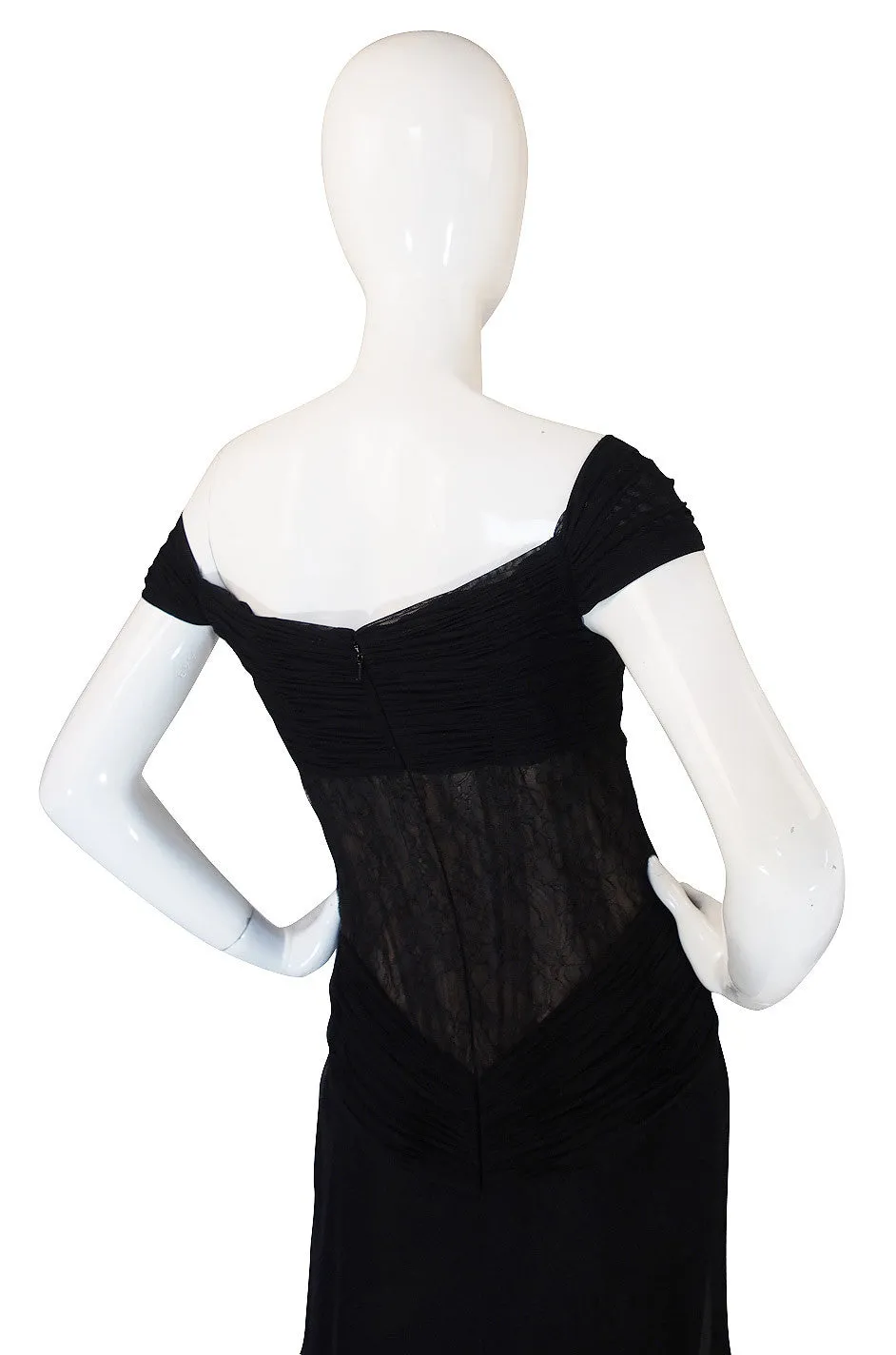 1980s Vicky Tiel Couture Black Silk Net & Lace Corset Gown